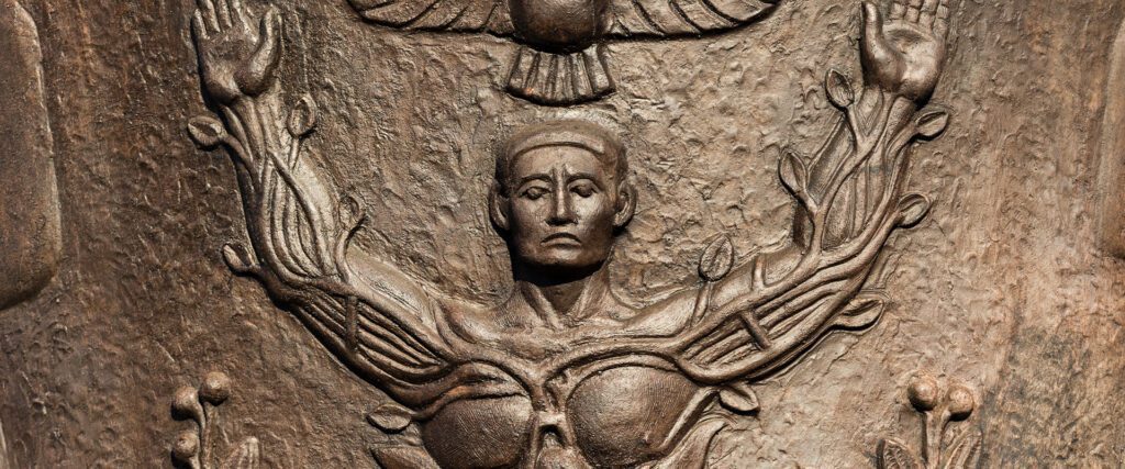ECU of male Mesoamerican crest on the Mexican column in the Sunnylands entry court