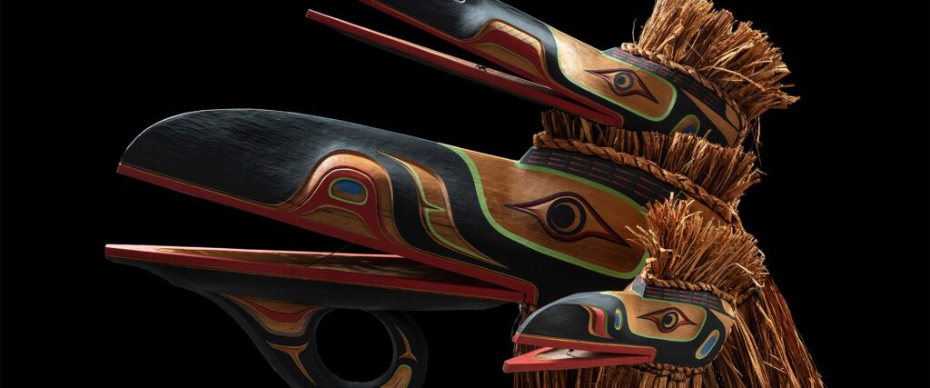 ECU of Kwakiutl artist Jason Hunt's "Multiple Raven Mask"