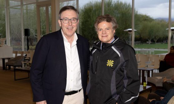 Close-up portrait of James Arroyo (left) and John Bridgeland (right), keynote speakers at a civics discussion at the Sunnylands Center