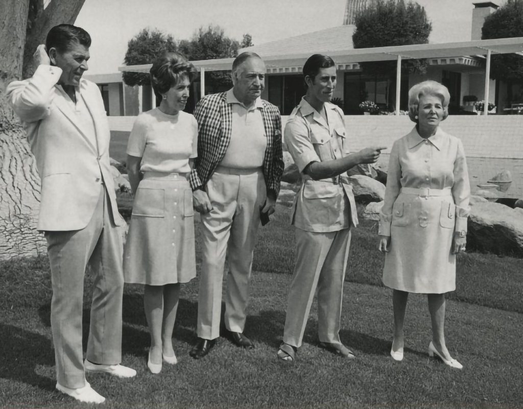 In a March 18, 1974, photograph, Prince Charles stands between his Sunnylands hosts, Walter and Leonore Annenberg. Then-California Gov. Ronald Reagan and his wife, Nancy, also had been invited to spend the weekend at the estate.