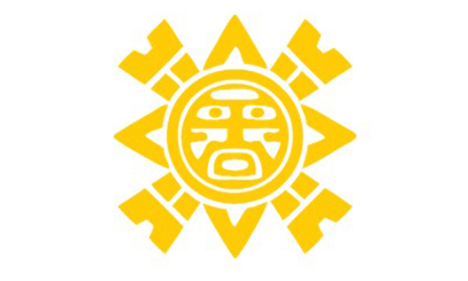 Stylized golden sun symbol with a human face at the center, surrounded by symmetrical geometric rays and shapes on a light background.